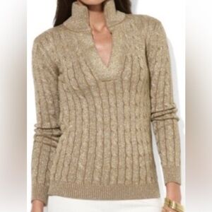 NWT RALPH LAUREN sS metallic gold split neck sweater-cable knit-runs small